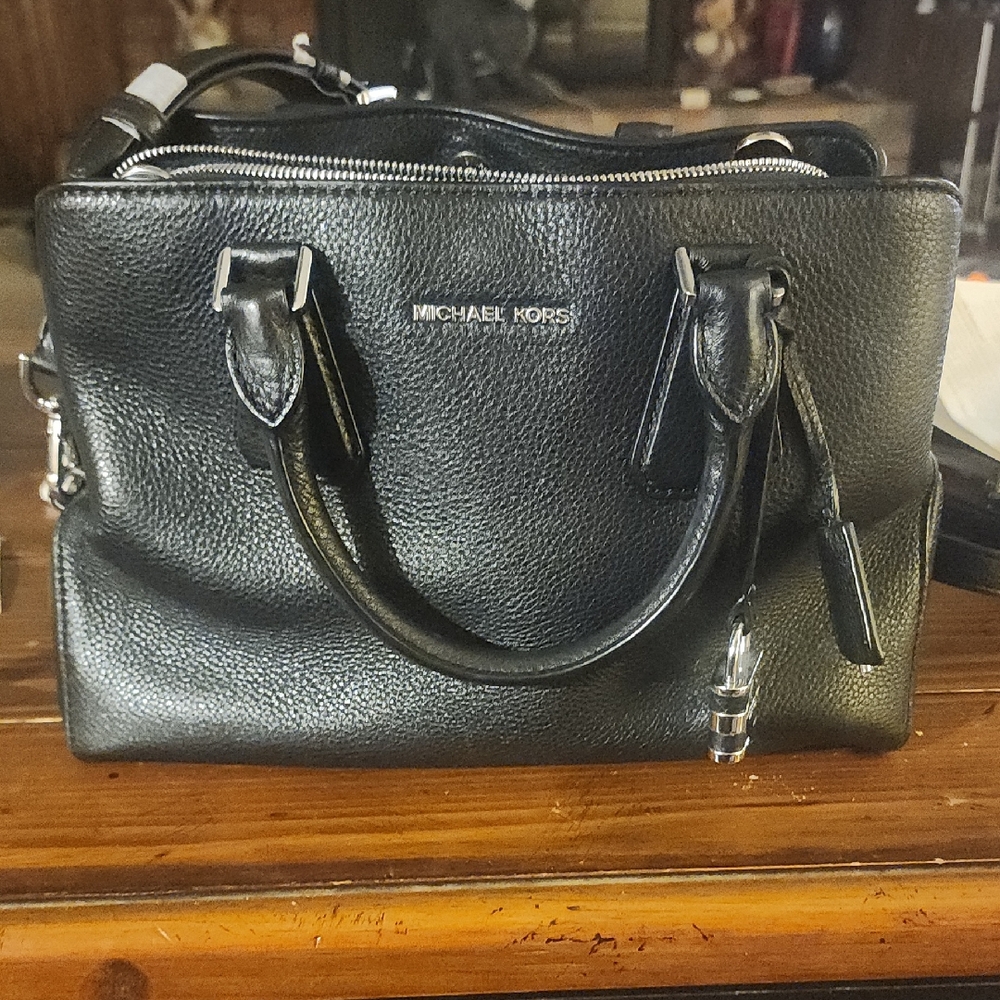 Michael Kors Black Satchel with Textured Leather and Silver Hardware